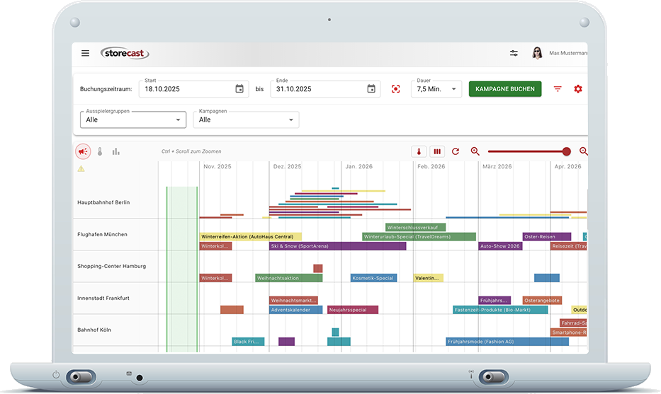 Storecast Booking Calendar auf einem Laptop: Timeline mit Kampagnen pro Standort
