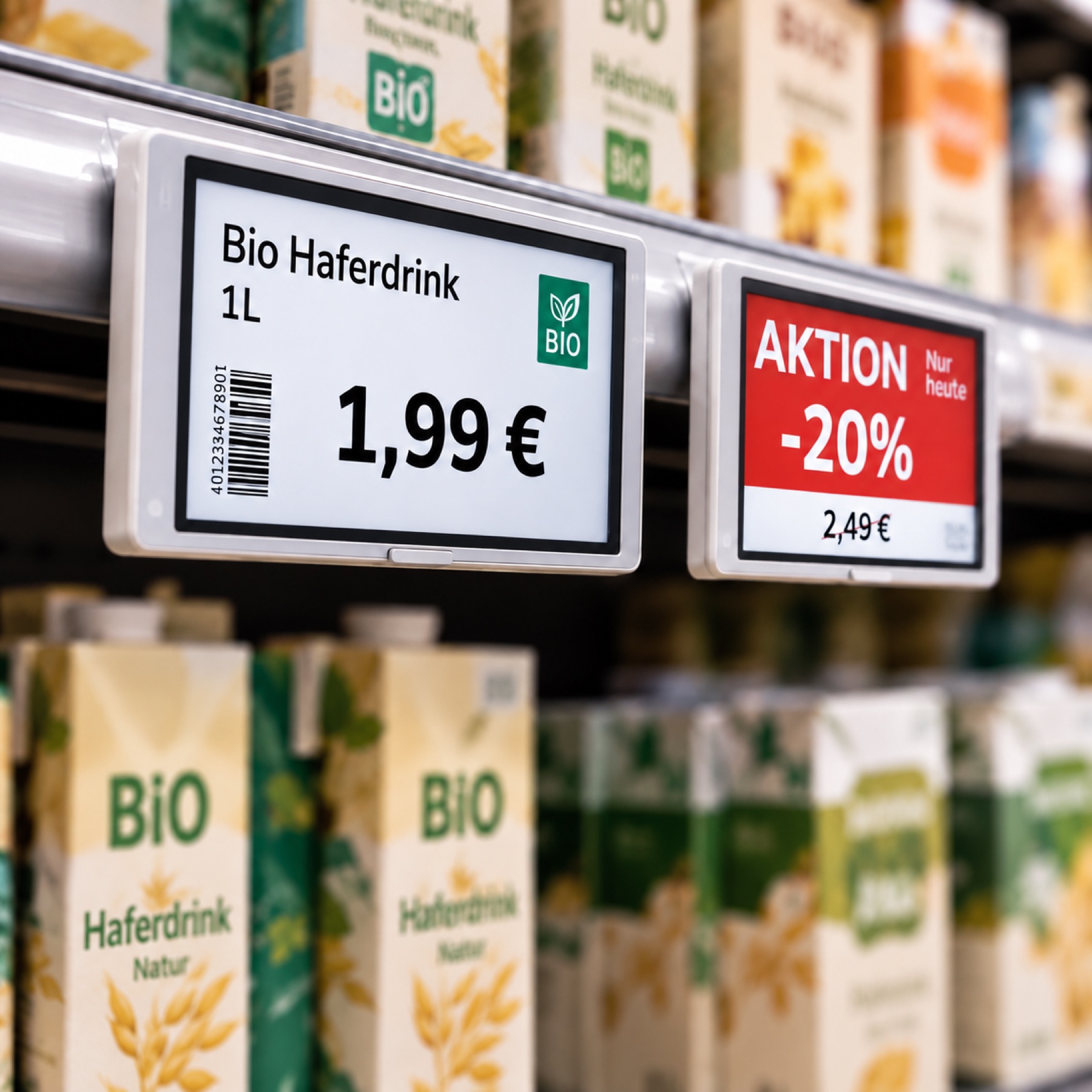 Elektronische Preisschilder am Regal mit Preis und Aktionshinweis