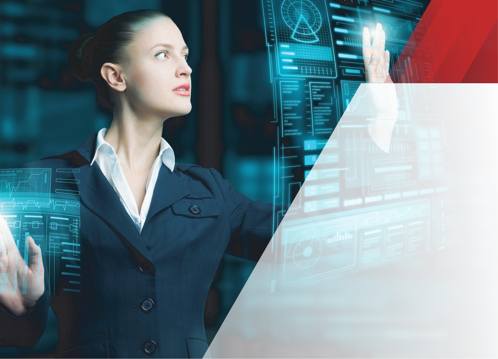Frau bedient ein futuristisches Touch-Interface