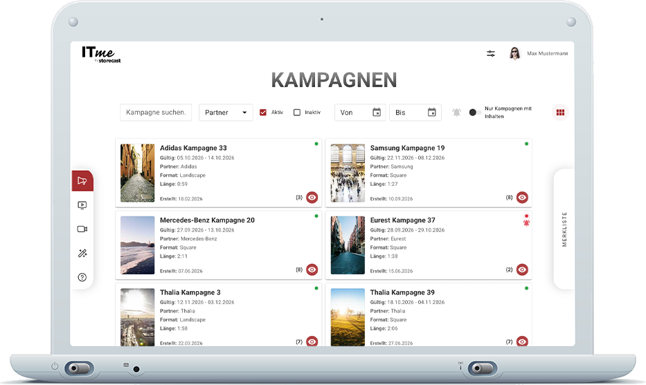 ITME Kampagnenportal auf einem Laptop: Kampagnenübersicht mit Partnern, Laufzeiten und Formaten