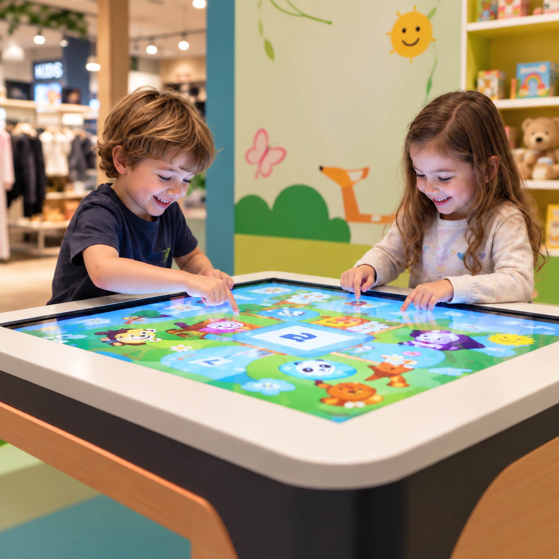 Zwei Kinder spielen an einem Multitouch-Spieltisch