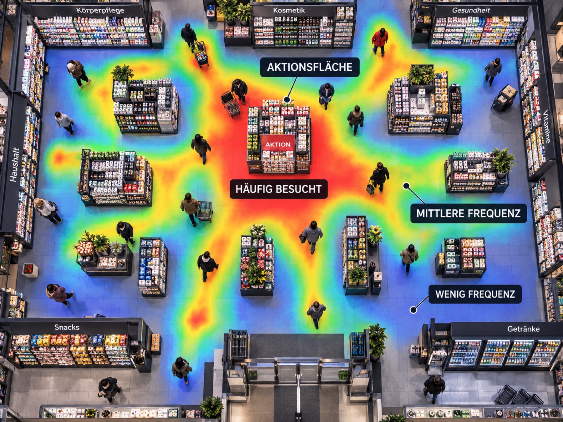Heatmap der Kundenbewegung auf einer Verkaufsfläche aus der Vogelperspektive