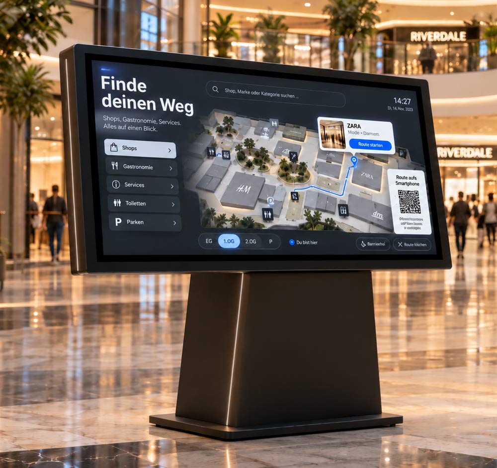 Wayfinder-Terminal mit interaktiver 3D-Karte und Route zum Shop